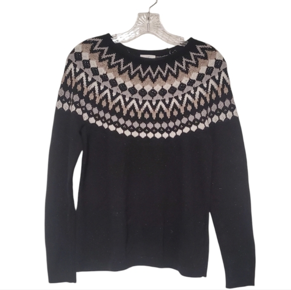 J. Jill Black Faire Isle Nordic Knit Sweater with Metallic Shimmer Size … - Picture 1 of 5